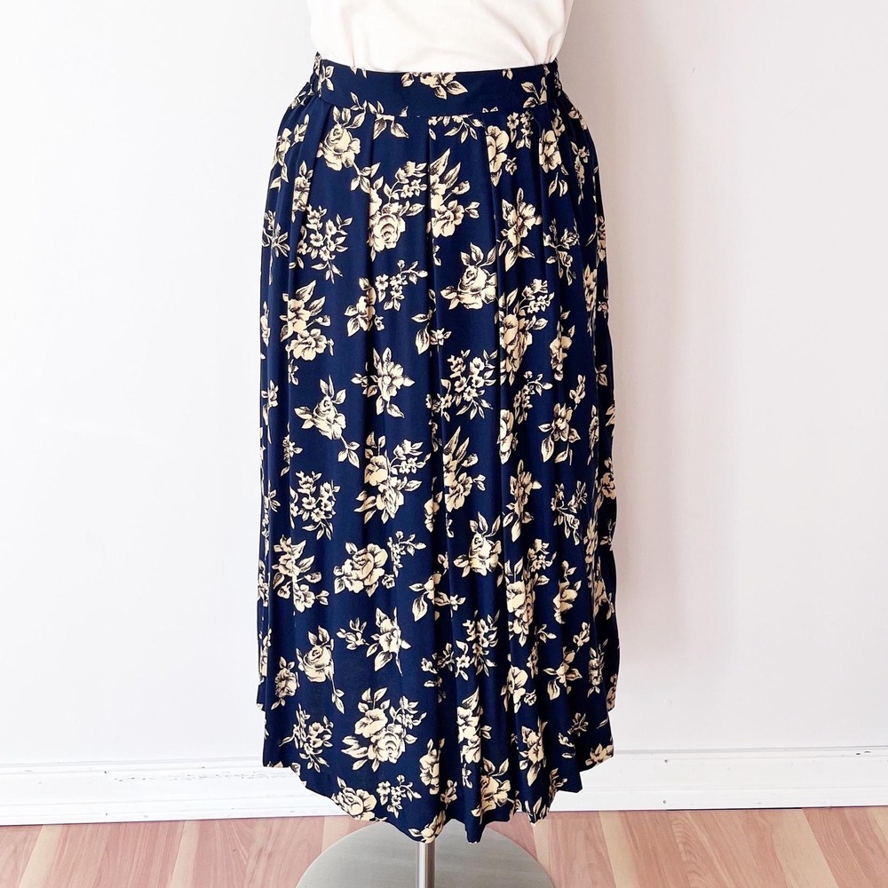 SIZE 20W / 2X Vintage 90s Floral‎ Navy Rayon Midi Skirt